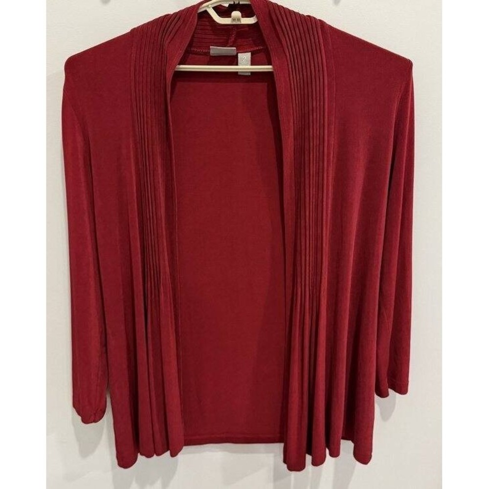 Chicos Travelers Open Front Pleat Detail Duster Cardigan Burgundy Red Size 2 L
